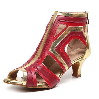 Doamnelor sandale Jazz Pantofi de Dans Femeie Tocuri Tocuri inalte pentru o Nunta de Fete de piele de Căprioară Piele de culoare Roșie și Aur Împletit