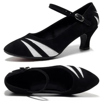 Noi latină Pantofi de Dans Salsa, Tango Clasic de Moda Pantofi cu Toc pentru Femei piele de Căprioară Negru Fete Închis Toe Sandale Petrecere Adidași