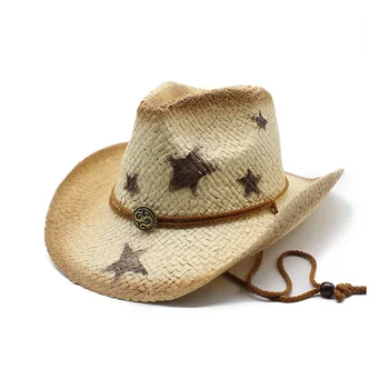 Noua Moda in aer liber pe Plaja Cowboy Capac Parasolar Reglabil Bărbați și Femei Pictat Pentagrama Denim Stil Național Pălărie de Paie