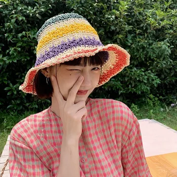 Vara Femeile Plaja Paie Capac Coreean Hyunya Uri Colorate Vacanta Pliabil Protectie Solara Cozoroc Pălărie Umbrelă De Soare Pe Plajă Pălărie Fată