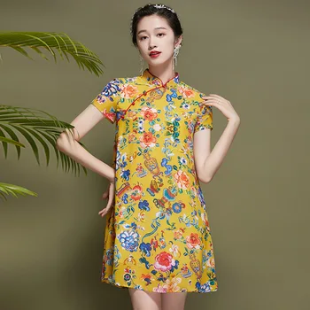 100% Real Mătase de Imprimare Galben Moderne Qipao Rochii pentru Femei Stil Chinezesc Rochie cheongsam