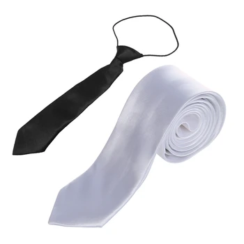 2 BUC Unisex Casual Cravata Skinny Slim Narrow Neck Tie, Solid Alb & Negru Solid