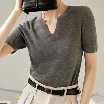 2023 Vara Moda Coreeană Haine Bază Solidă Top Tricotate Femei Tricou Maneca Scurta De Sex Feminin Subțire V Neck Tricouri Camisetas Mujer