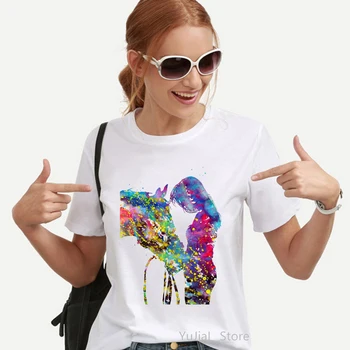 Acuarelă De Dragoste Fata De Cal De Imprimare Femei Tricouri Femei Amuzant Alb T-Shirt Stil Coreean Haine Tumblr Topuri Tricou Femme