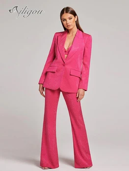 Ailigou mai Recente 2023 Vara Designer de Moda Pistei de Înaltă Calitate Set pentru Femei Slim Fit Strass Diamante 3-piesă de Costum Pantaloni Set