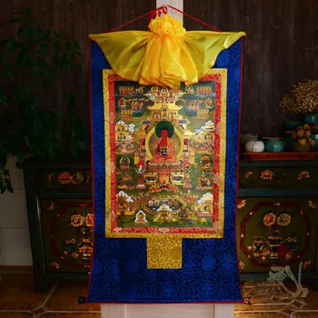 Amitabha Buddha este ca un Tibetan aurit și aurit Thangka agățat imagine de Vest Paradis
