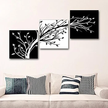 Arta de perete Panza Poster HD Printuri de Imagini 3 Buc Negru Alb Copac cu Flori Tablouri Pentru Living Modern Decor Acasă