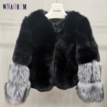 Blană de vulpe geaca pentru Femei din piele de iarnă V-gât cald 100% reale haină de blană contrast silver fox maneca stil European de moda