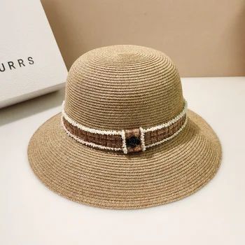 Brand de lux de protecție Solară Pălării Panama pentru Femei Stil francez Dom Top Perle Pălărie de Paie de Moda de Vară Fedora Pălărie de Plajă Umbra Capac