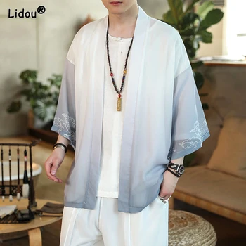 Bărbați Îmbrăcăminte de Moda Casual Primavara-Vara Stil Chinezesc Streetwear Direct Vrac Solid Maneca Trei Sferturi Cardigan Straturi