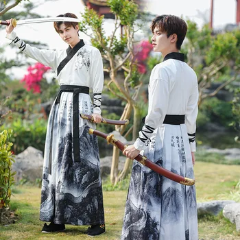 Chineză stil bărbați arte martiale retro îmbunătățit cu mâneci lungi Hanfu alb set de două piese rochie tradițională chineză