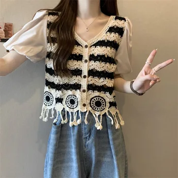 Coreea de Dongmen Femei 2023 Primavara/Vara Noi Bubble Sleeve Stripe Short de Tricotaje Modă Pulover T-shirt Trend