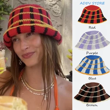 Coreea de Handmade Crosetat cu Dungi Găleată Pălării pentru Femei Primavara-Vara Pescar Pălăria în aer liber Parasolar Capace Doamnelor Panama Gorras