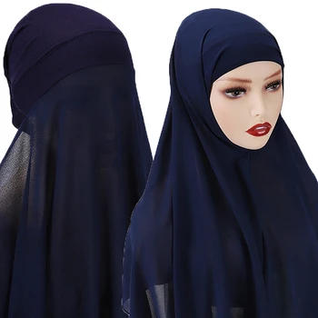 Culoare Solidă Tricou Hijabs De Înaltă Calitate Sifon Lung Șal Eșarfă Cap Underscarf Capac Cu Elastic Stil 2023 Noi