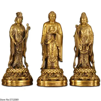 Cupru pur Buddha decoratiuni Trei Vest sfinții Bodhisattva Guanyin Amitabha Mahāsthāmaprāpta Sala