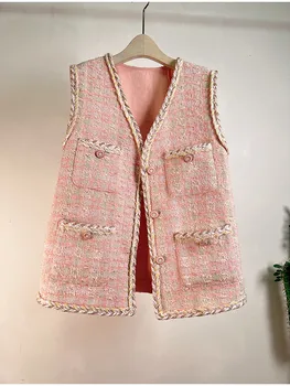 DALMAZZO Pista de Primăvară Și de Vară Vintage Roz Tweed, Lână Sacou fără Mâneci Haina Femei V-Neck Singur Pieptul Vesta Topuri de sex Feminin