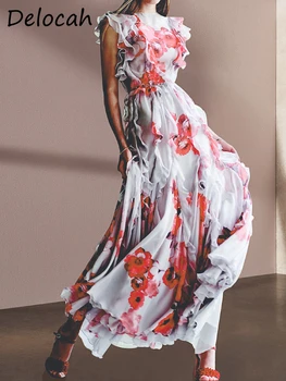 Delocah De Înaltă Calitate Începutul Verii Femei Designer De Moda Vacanță Pe Plajă Maxi Rochie Maneca Fluture De Talie Mare Tipărite Trim Dress