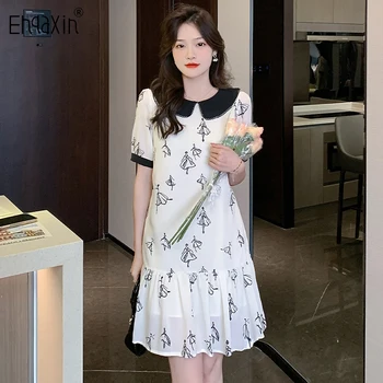 EHQAXIN Rochie de Femei 2023 Moda de Vara Dulce Papusa Gât Versiunea coreeană Liber de Imprimare Șifon Scurt Maneca Zburli Rochii S-2XL