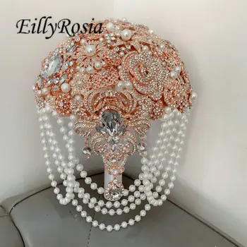 EillyRosia a Crescut de Aur de Lux Brosa Buchet de Mireasa cu Perle Ciucure Cristale Sclipitoare Bling Buchet de Mireasa Noua Sosire