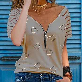 Femei Casual cu mâneci Scurte, în formă de Inimă Print V-neck cu Fermoar Pierde T-shirt de Moda Navetiști Toate-meci de Femei de Top