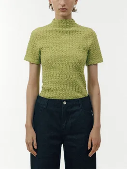 Femei pe Jumătate Guler Stretch Slim Knit T-Shirt Doamnelor 3 Culori de Moda cu Maneci Scurte Cutat Tricotaje de Sus
