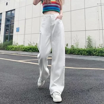Femei Stil coreean Talie Inalta Blugi Albi, Liber Casual Streetwear, Bumbac Pantaloni din Denim, Harajuku Largi Picior Pantaloni