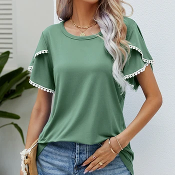 Femei T-shirt O-gât Lace Toate-Meci Tee Shirt Doamnelor pantaloni Scurți Casual Maneca Topuri Simple Confortabil Culoare Solidă Teuri Pentru Femei