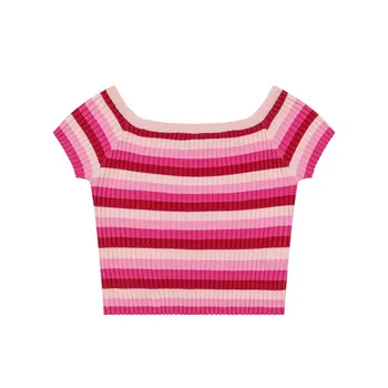 Femei topuri haine de vara noi tendințe Subțire tricotate dungi curcubeu de culoare pulover pulover sexy Y2K retro cu mânecă scurtă T-shirt