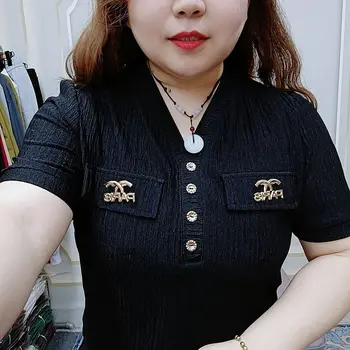 Femei Îmbrăcăminte de Moda coreeană Solid Falduri V-neck T-shirt Doamnă Birou de Vară Elegant Liber Pulovere Chic