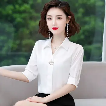 Femei Șifon Elegant Tricouri Nouă Primăvară Smmer Solid Jumătate Maneca Tricou Blasas Offiece Doamna Stil Coreean Toate Se Potrivi Pulover Bluza