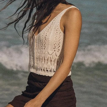 Femeia Gol Afară Tricotate Sling Topuri De Moda Rochie Fără Mâneci Singur Pieptul Epocă Vesta Vacanță De Vară Pe Plajă Casual Slim Top 2023