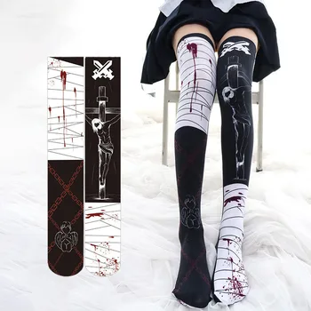 Groază Crucea Imprimată Lolita Sosete Pentru Femei Punk Fată Anime Cosplay Catifea Peste Genunchi, Coapsa Inalta Șosete Ciorapi Halloween