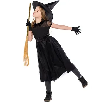Halloween Vrăjitoare Negru Costum Cosplay Fete Plasă de Mic Vrăjitoare Joc de Rol Îmbrăcăminte pentru Copii Petrecere Nebună de Performanță Îmbrăcăminte