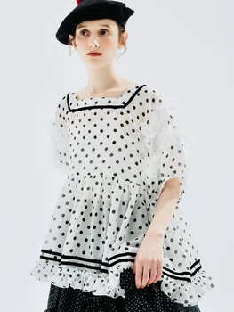 imakokoni polka dot pătrat guler de dantelă maneca cămașă albă cu dungi de vara pentru femei maneci scurte subțire model 234179