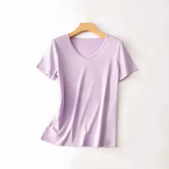 J040 Cool tricou V-neck femei cu culoare solidă bază cămașă cu mânecă scurtă femei bumbac mercerizat de top T-shirt femei