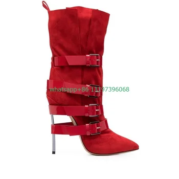 Lady red suede PU catarama cizme a subliniat toe glezna lungime de zi cu zi de zi cu zi de cauzalitate birou doamnă cizme rochie marimea 46 pompe cizme încălțăminte