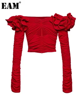[MEM] Femei Roșu Rufflles Elegant Plisata Cordon T-shirt Nou Slash-Neck Maneca Lunga Mareea Moda Primavara Toamna anului 2023 1DF3900