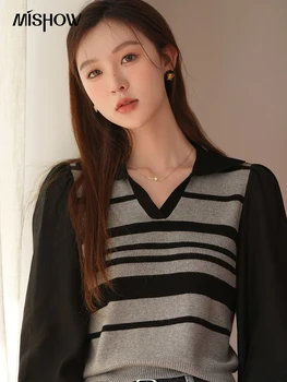 MISHOW coreean cu Dungi Polo Gât Panou de Contrast Topuri Tricotate pentru Femei 2023 Primavara/Vara Vneck Puff Maneca casual Slim Shirt