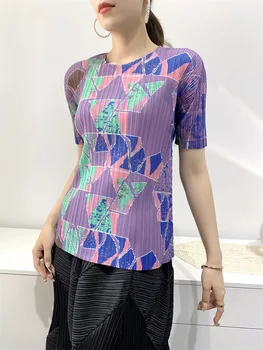 Miyake Stil Plisată Top pentru Femei 2023 Vara Temperament Naveta T-shirt de Imprimare Digitală Slim Fit Slabire Model Geometric