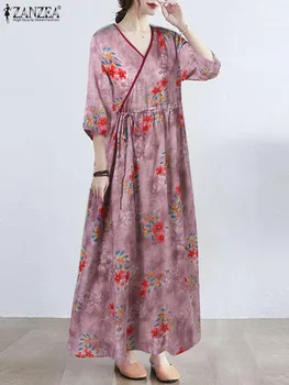 Moda coreeană Lung Rochie Maxi ZANZEA Elegant Florale de Imprimare Rochie Femei V-neck Maneca 3/4 Roba Casual Cordon Talie Folie Vestido