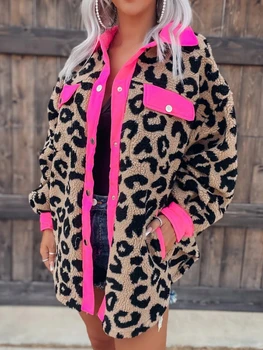 Moda Leopard Pluș Paltoane Jachete de Iarnă Casual Rever cu mâneci Lungi de Top Vrac Împletit Vaca Contrast de Culoare Harajuku Haina Femei