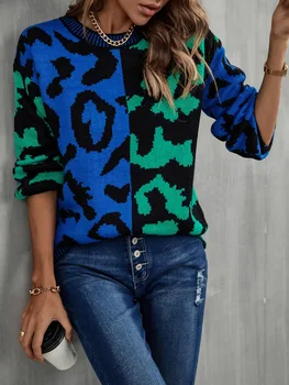 Moda Topuri 2022 Femei Toamna Iarna Nou Leopard De Imprimare Pulover Împletit Streetwear Gât Maneca Lunga Pulover Tricotat