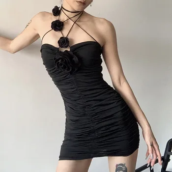 Negru Misterios Sexy Mature Petrecere Intelectuală Feminin a Crescut de Pliuri Decorative Fermecătoare Femei Strânse Tub de Top Rochie de vestidos