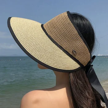 Noi Vara Reglabil Panglică Gol De Sus Pălării De Paie Pentru Femei Pliabil Largă De Mare Plaja De Refuz De Pălărie Chapeau Femmeuv Capac De Protecție