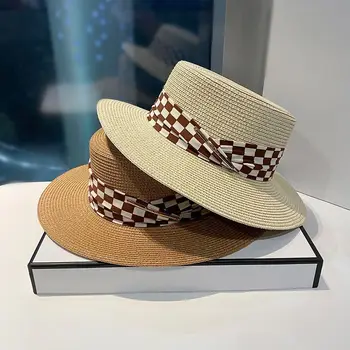 Noul Retro Elegant Carouri Top Plat Pălărie de Vară de protecție Solară Palaria pentru Femei Margine Largă AntiUV Plaja Palarie Palarie Vintage Biserica Pălării