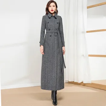 Nouă Femei Haină Lungă Din Lână Toamna Iarna Moda Hepburn Stil Spic Centura Slim Overlength Amestecuri De Lână Haina Gri Îmbrăcăminte Exterioară