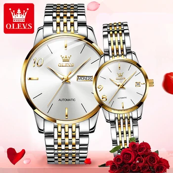 OLEVS de Lux Placat cu Aur, Ceas de Cuplu Brand de Top Bărbați Femei Ceasuri Luminoase rezistent la apa 30M Ceas Mecanic Calendar Săptămânal 6632