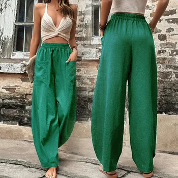 Pantaloni pentru Femei de moda de Vară se Răcească Matase de Gheață Casual Culoare Solidă Vrac Buzunar Elastic Pantaloni European Street Tendință Felinar Pant