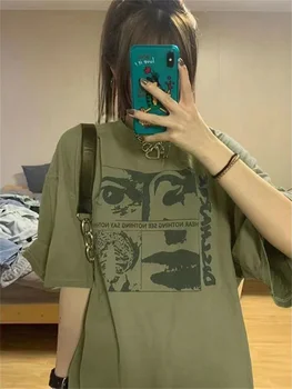 QWEEK Y2K Grunge Grafic T-shirt Verde de Sus coreeană de Moda Harajuku Supradimensionate Femei Teu 90 de Epocă Streetwear Estetice Tricou
