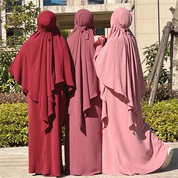 Rugăciune Rochie De Crep 2 Bucata Set Femeile Musulmane Mâneci Lungi Rochii Rochie+Două Straturi Khimar Hijab Eșarfă Haine Islamice Jilbab-Ul Dubai